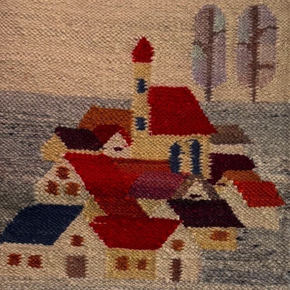 Vintage 1970s Polish Kilim Wool Scandinavian Village Cepelia Tapestry